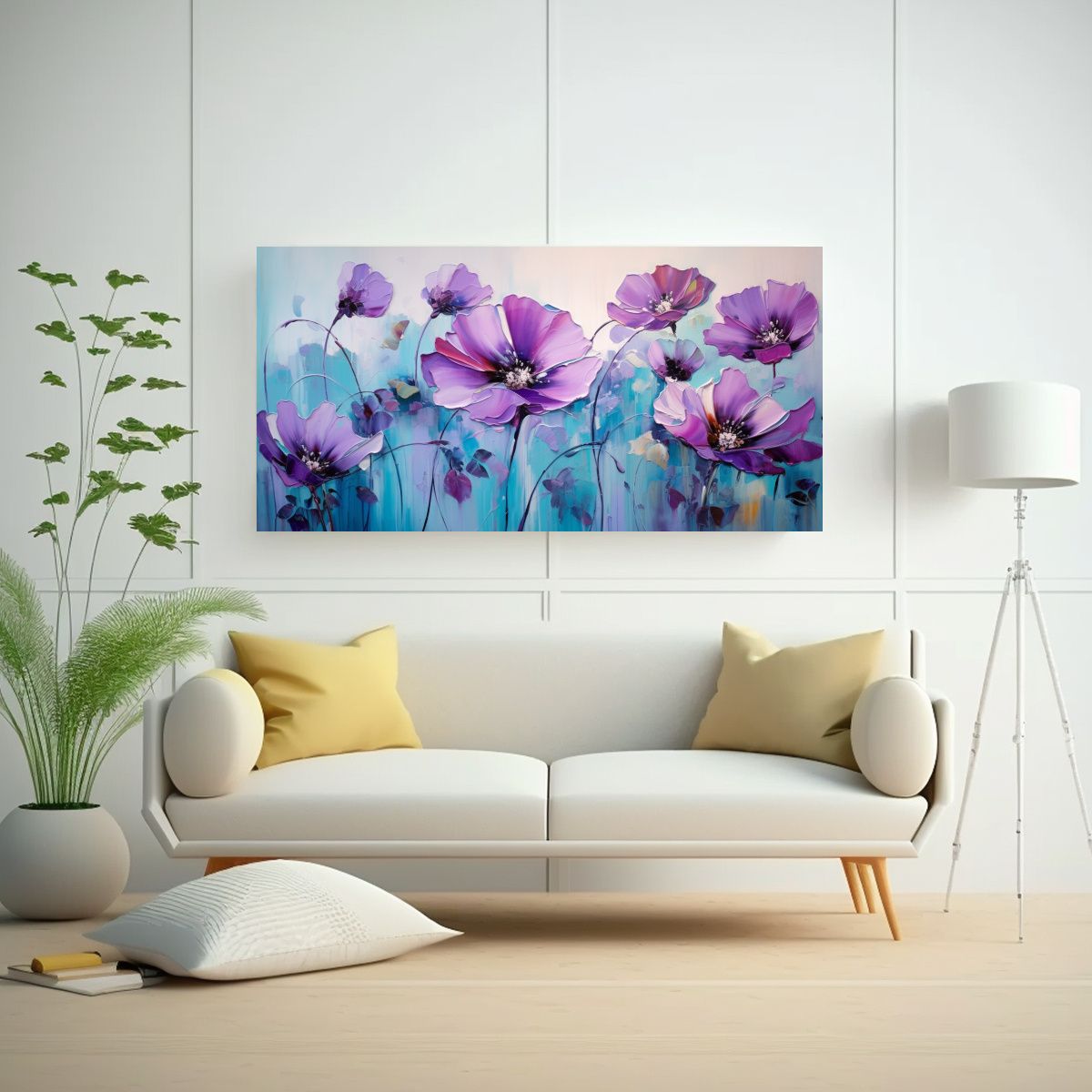 GENERICO - Cuadro De Flores Púrpuras Y Cian Abstracto En 100x50 Cm