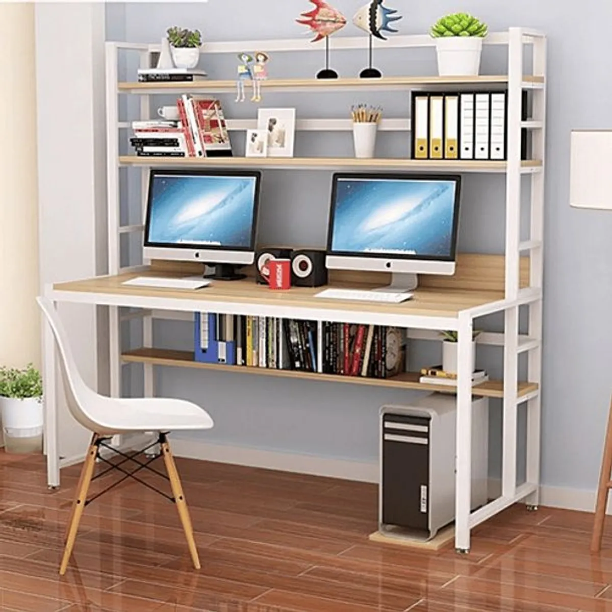 ANYHOGAR - Escritorio Grande Repisa 3 Niveles Madera Oficina Blanca