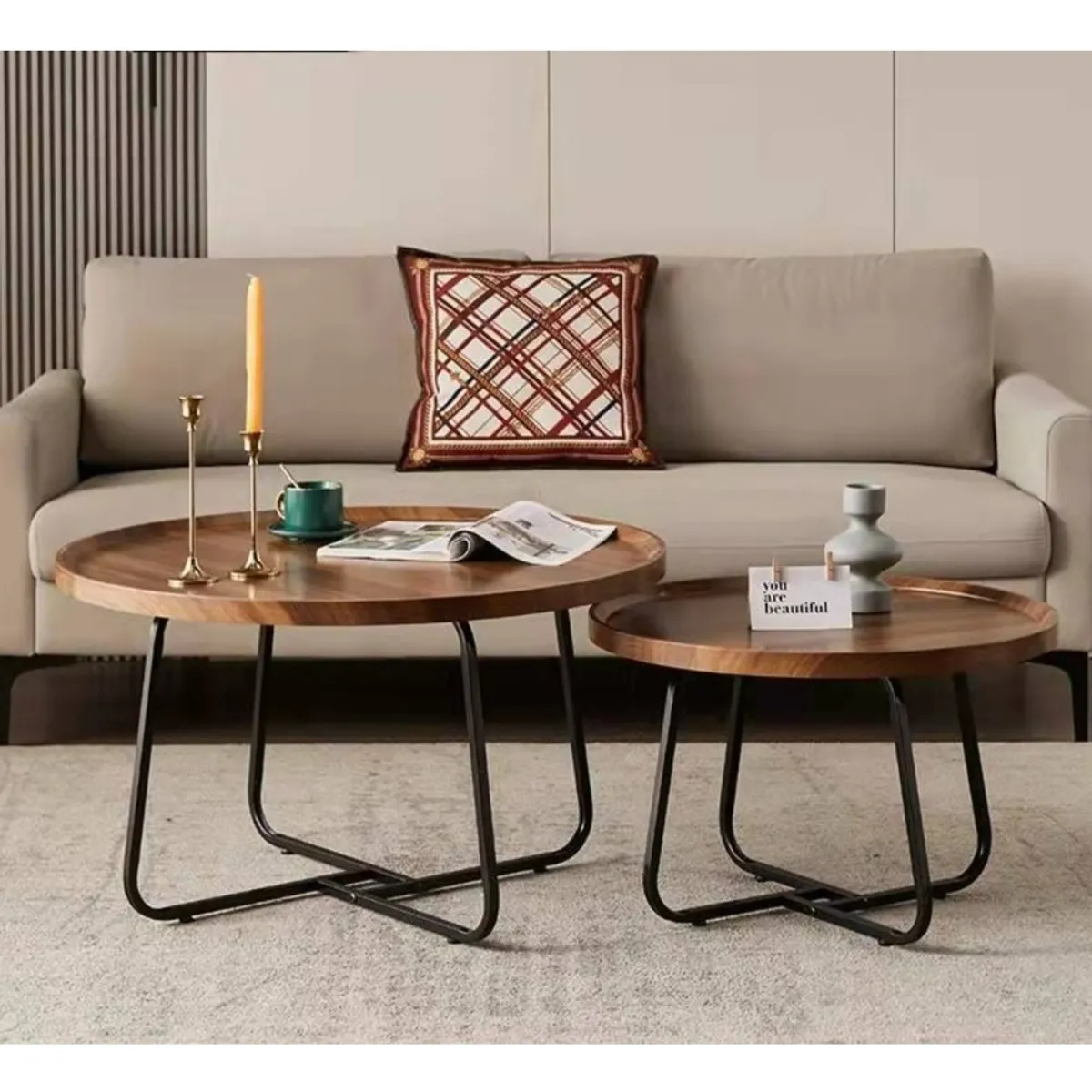 ANYHOGAR - Juego Mesa De Centro Redonda Doble Madera Color Marron