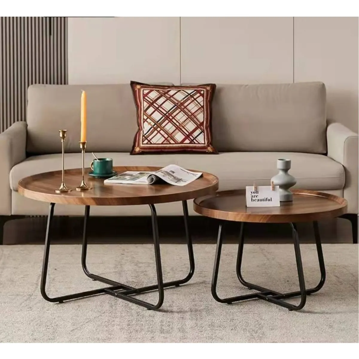 ANYHOGAR - Juego Mesa De Centro Redonda Doble Madera Color Marron