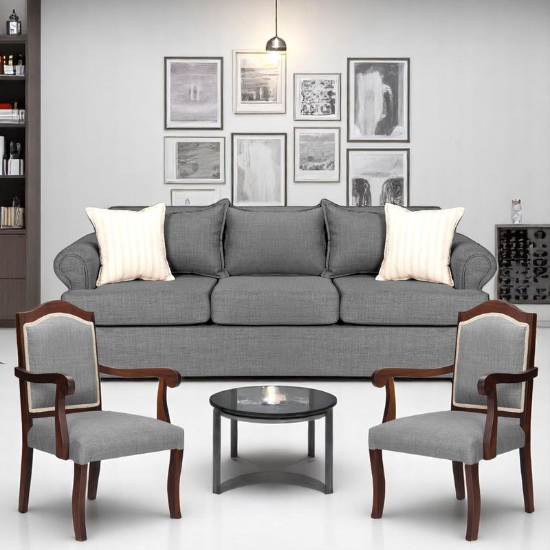 SITIAL HOME - LIVING 311  ANTONIA GRIS SOFA 3 CUERPOS RESORTES + 2 SITIALES MADERA