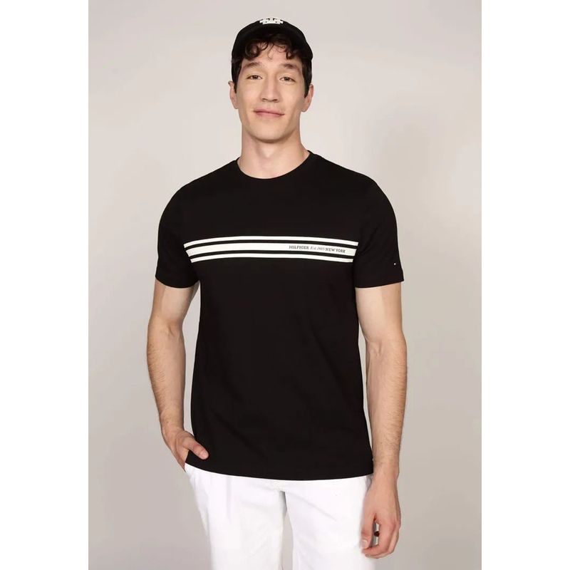 TOMMY HILFIGER - Polera Central Chest Stripe Logo Negro Tommy Hilfiger_.