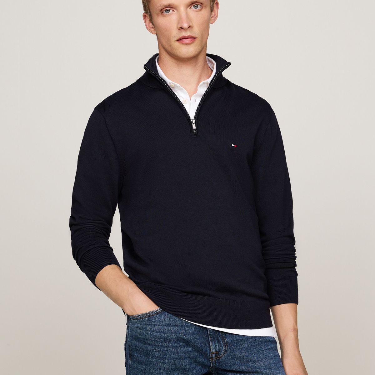TOMMY HILFIGER - Sweater Essential Cotton Con Medio Cierre Azul Tommy Hilfiger