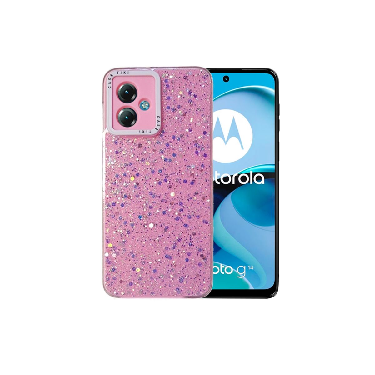 GENERICO - CARCASA PARA MOTOROLA G14 GLITTER CON POP SOCKET COLOR ROSA.