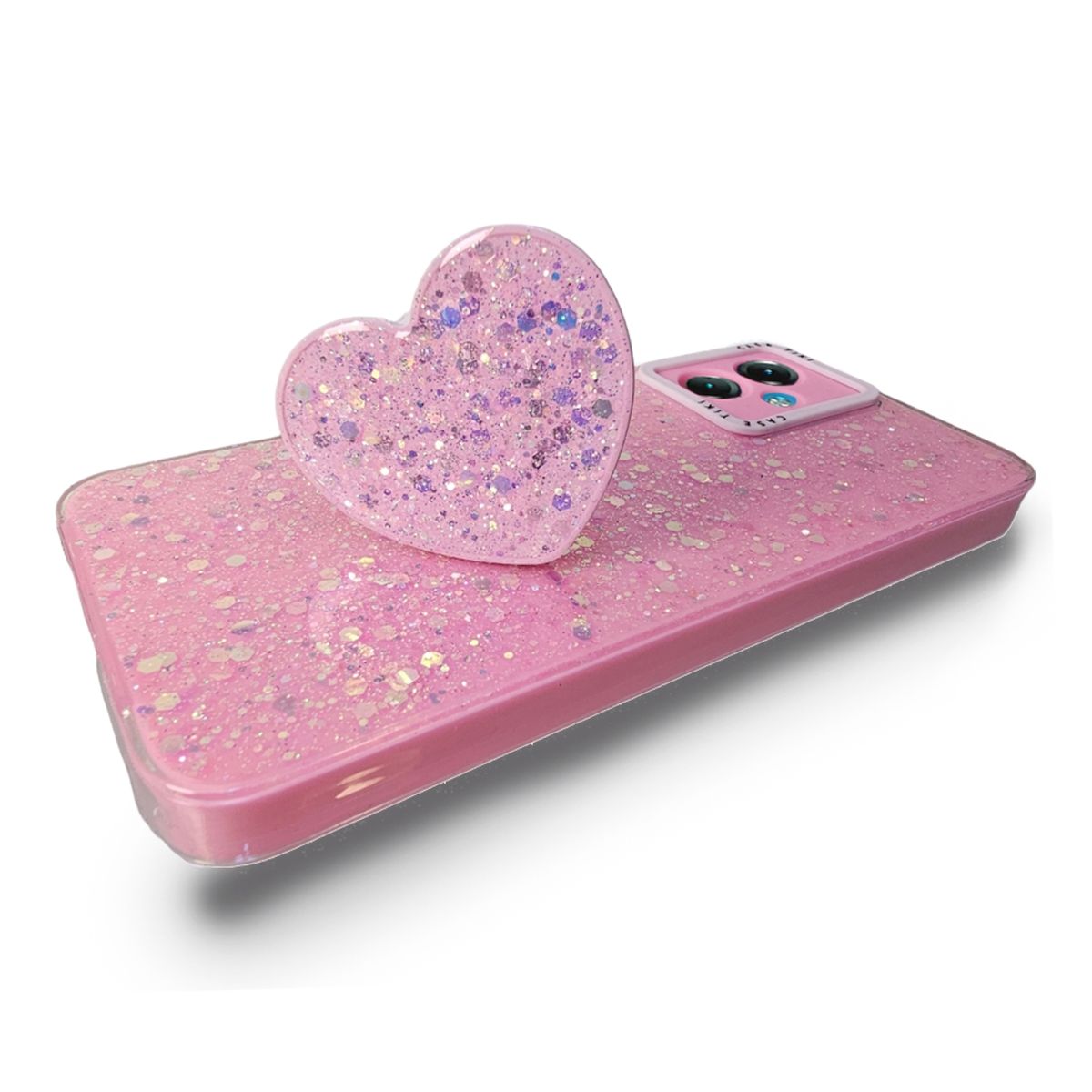 GENERICO - CARCASA PARA MOTOROLA G14 GLITTER CON POP SOCKET COLOR ROSA.