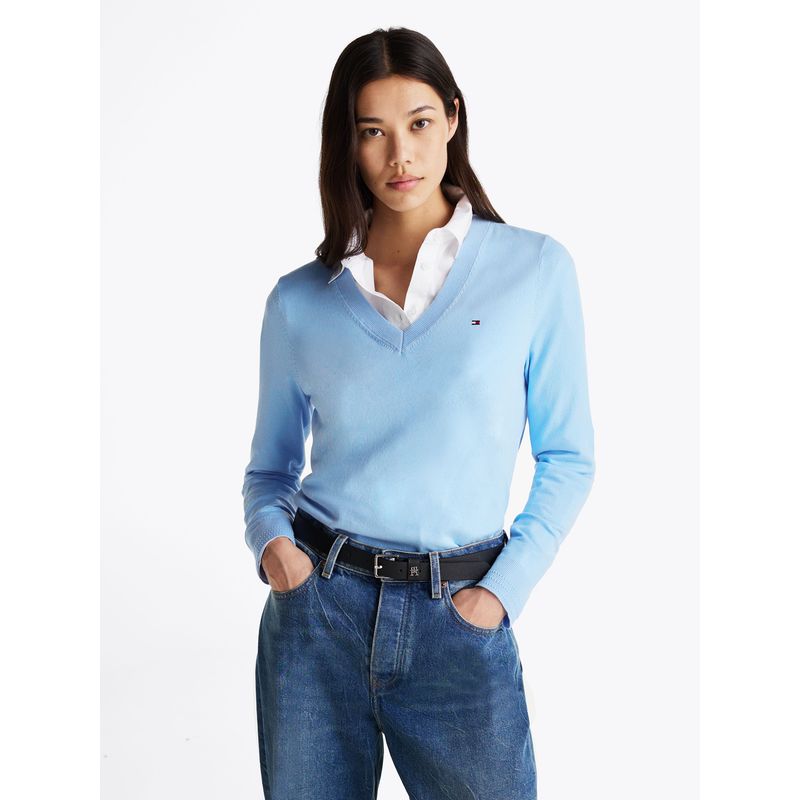 TOMMY HILFIGER - Sweater Solid V-Neck Celeste Tommy Hilfiger