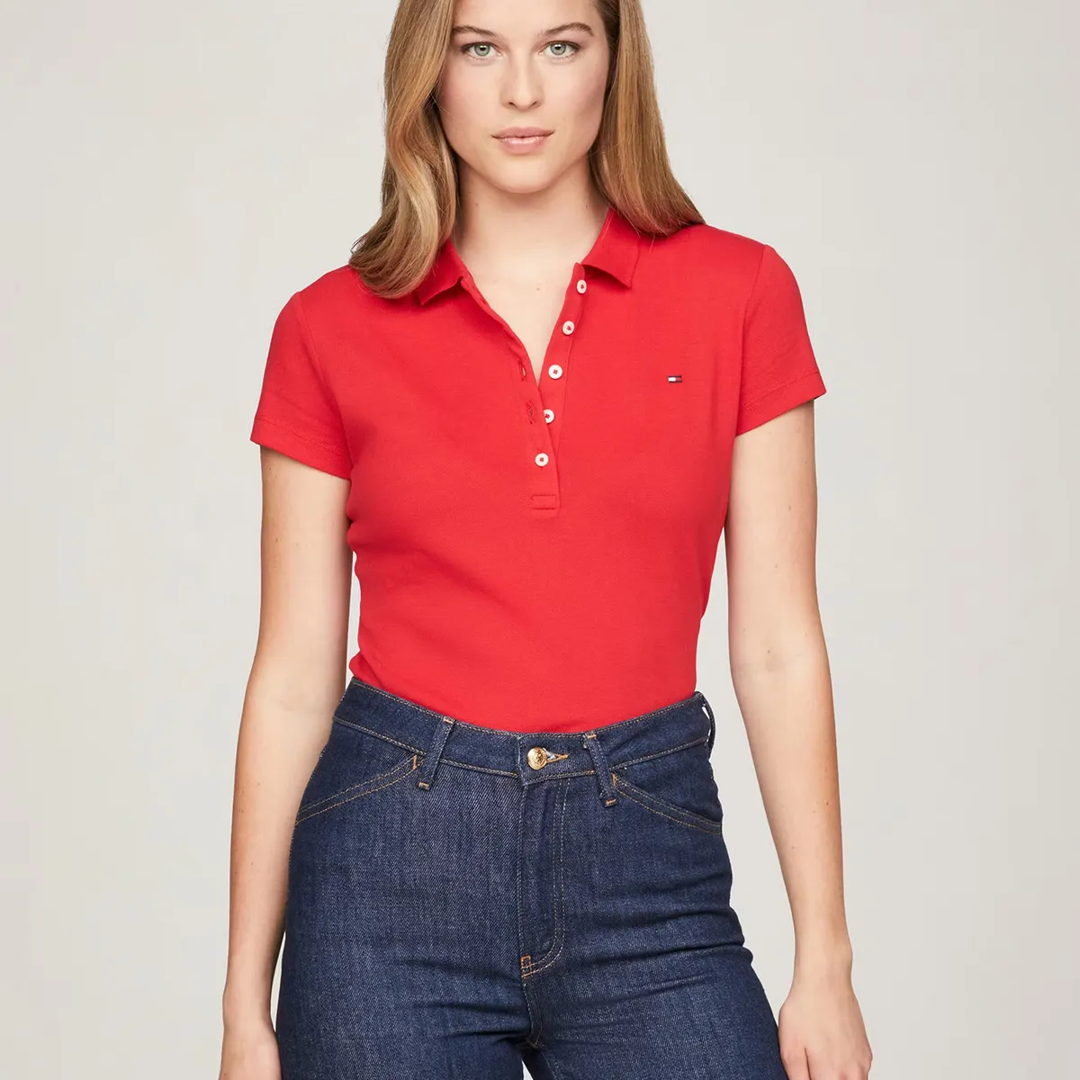TOMMY HILFIGER - Polo Solid Slim Fit Con 5 Botones Rojo Tommy Hilfiger