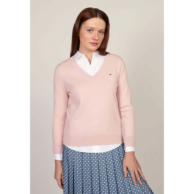 TOMMY HILFIGER - Sweater Solid V-Neck Rosado Tommy Hilfiger