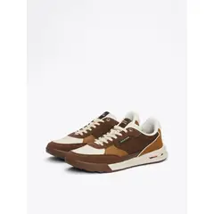 TOMMY HILFIGER - Zapatillas Retro Runner Mix De Cuero Café