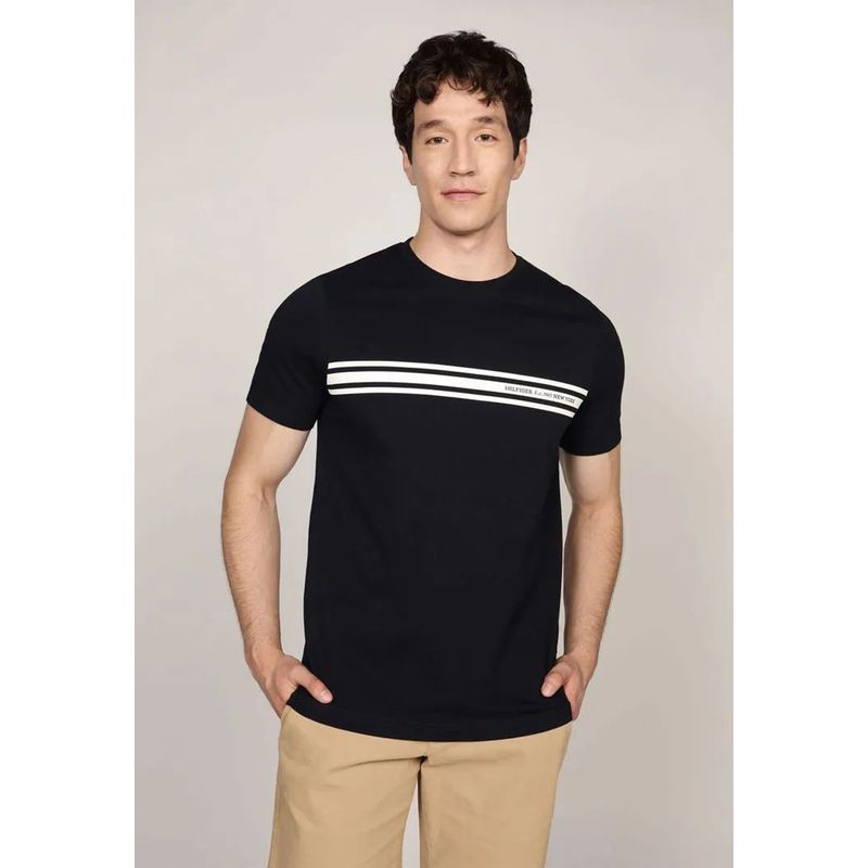 TOMMY HILFIGER - Polera Central Chest Stripe Logo Azul Tommy Hilfiger