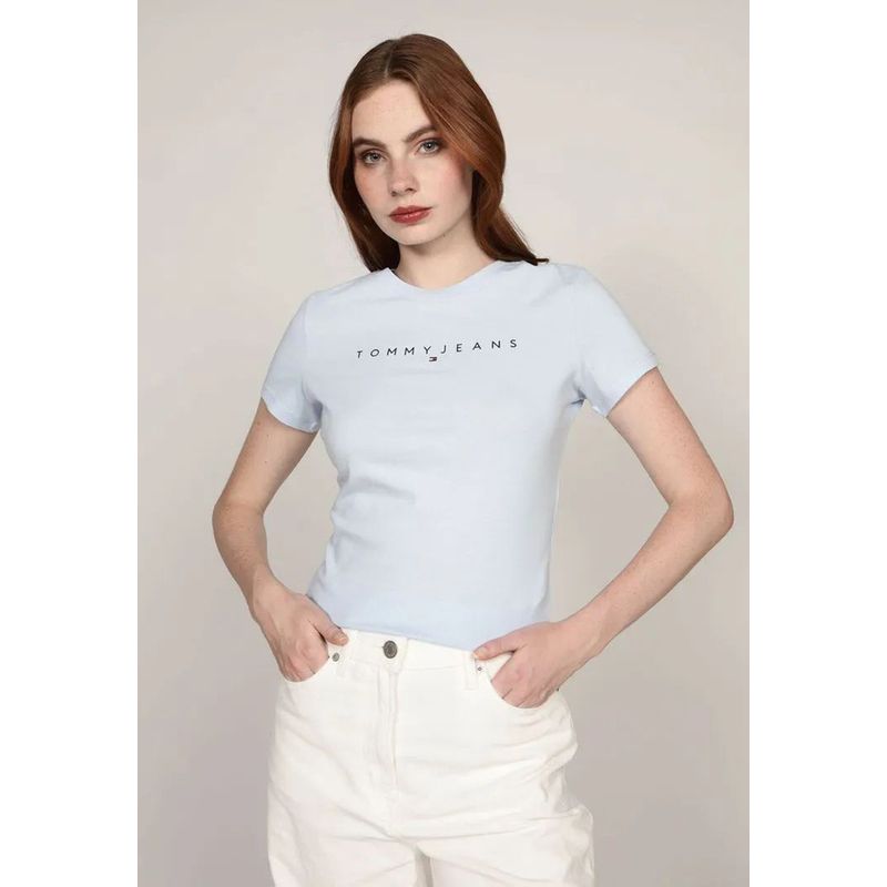 TOMMY HILFIGER - Polera Linear Con Logo Slim Fit Celeste Tommy Jeans