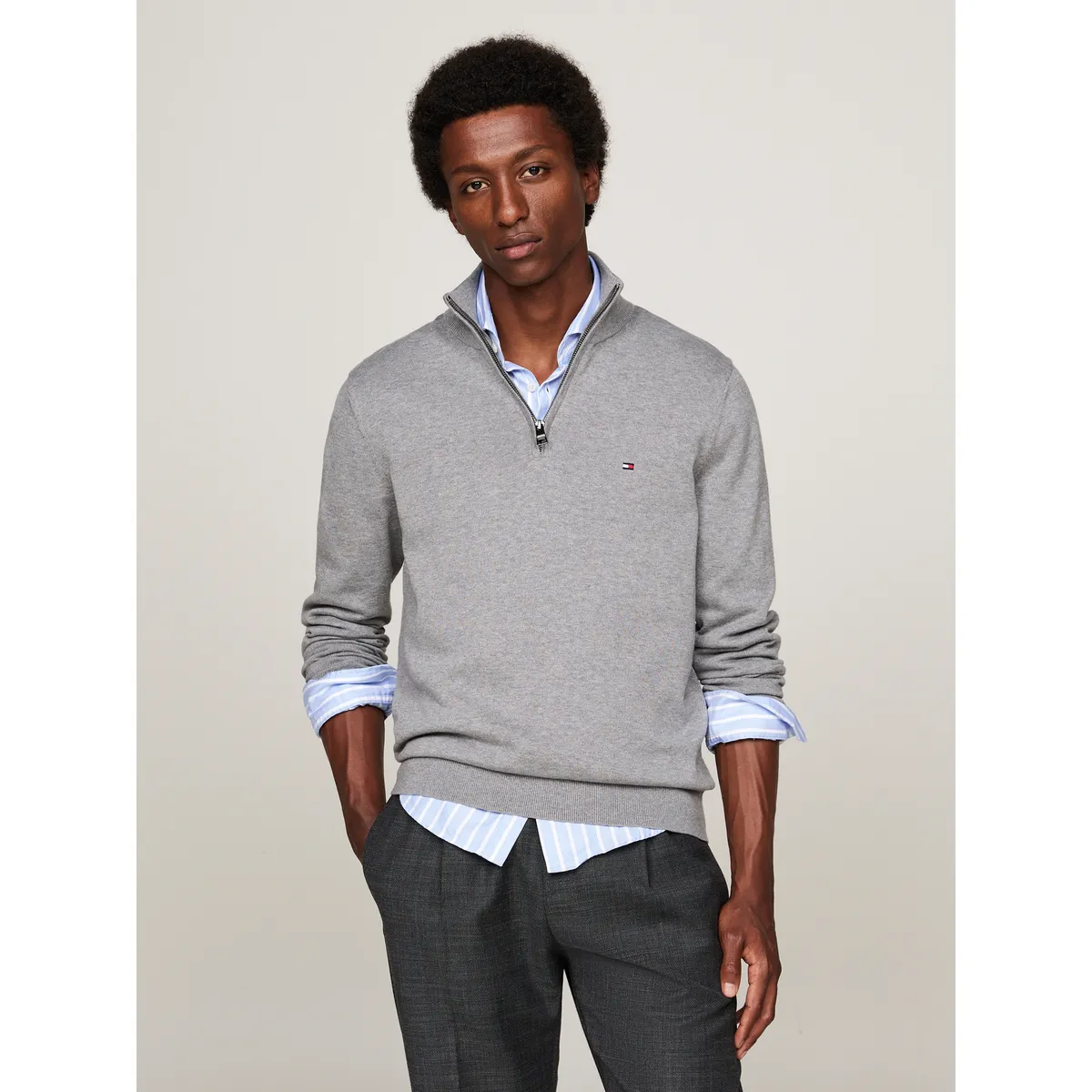 TOMMY HILFIGER - Sweater Essential Cotton Con Medio Cierre Gris Tommy Hilfiger
