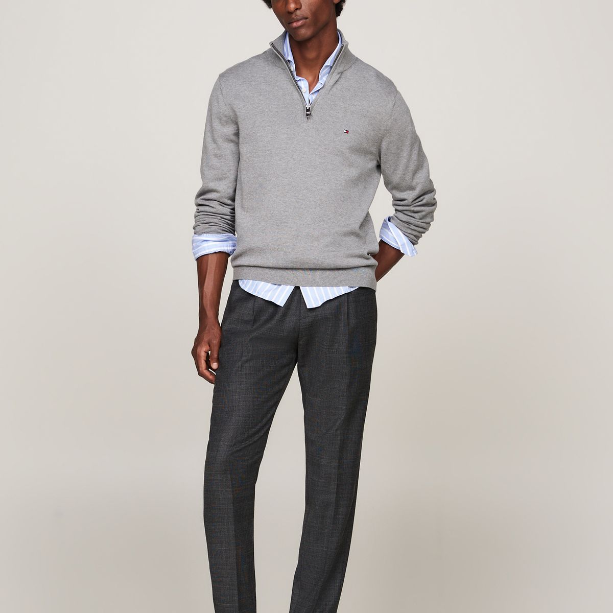 TOMMY HILFIGER - Sweater Essential Cotton Con Medio Cierre Gris Tommy Hilfiger