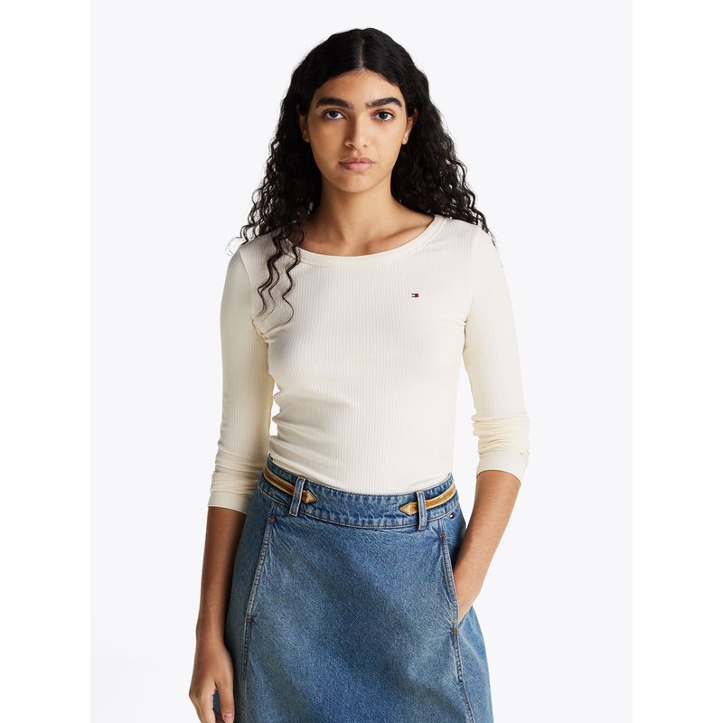 TOMMY HILFIGER - Polera Acanalada Slim Fit Con Logo Blanco Tommy Hilfiger