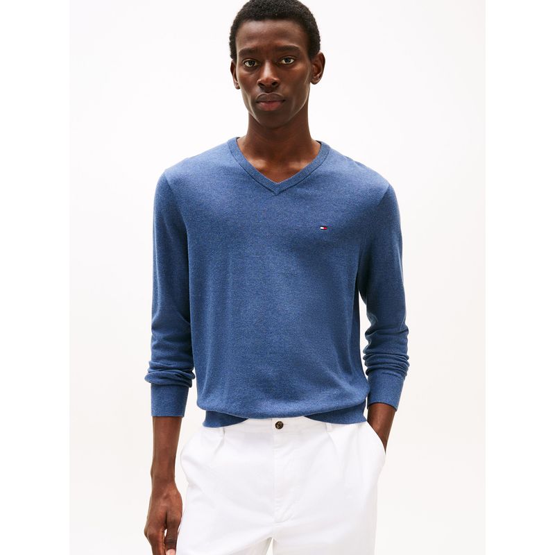 TOMMY HILFIGER - Sweater Básico Signature V-Neck Celeste Tommy Hilfiger