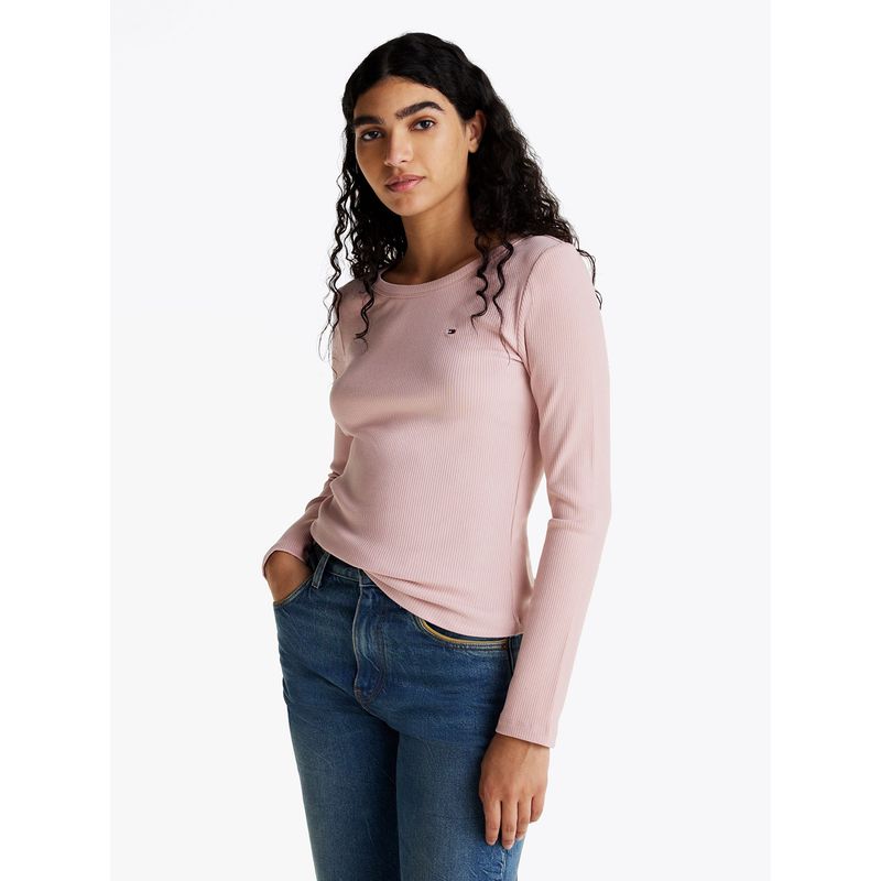 TOMMY HILFIGER - Polera Acanalada Slim Fit Con Logo Rosado Tommy Hilfiger