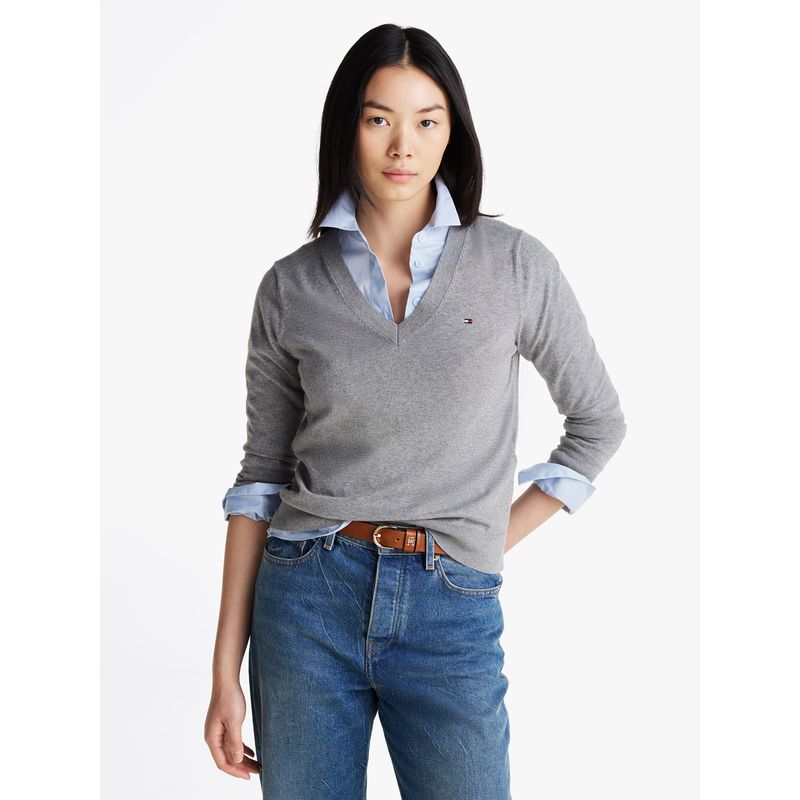 TOMMY HILFIGER - Sweater Solid V-Neck Gris Tommy Hilfiger