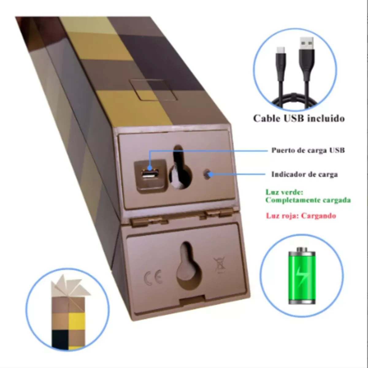 GENERICO - Lámpara Antorcha Minecraft Recargable 4 Colores En 1 Gamer