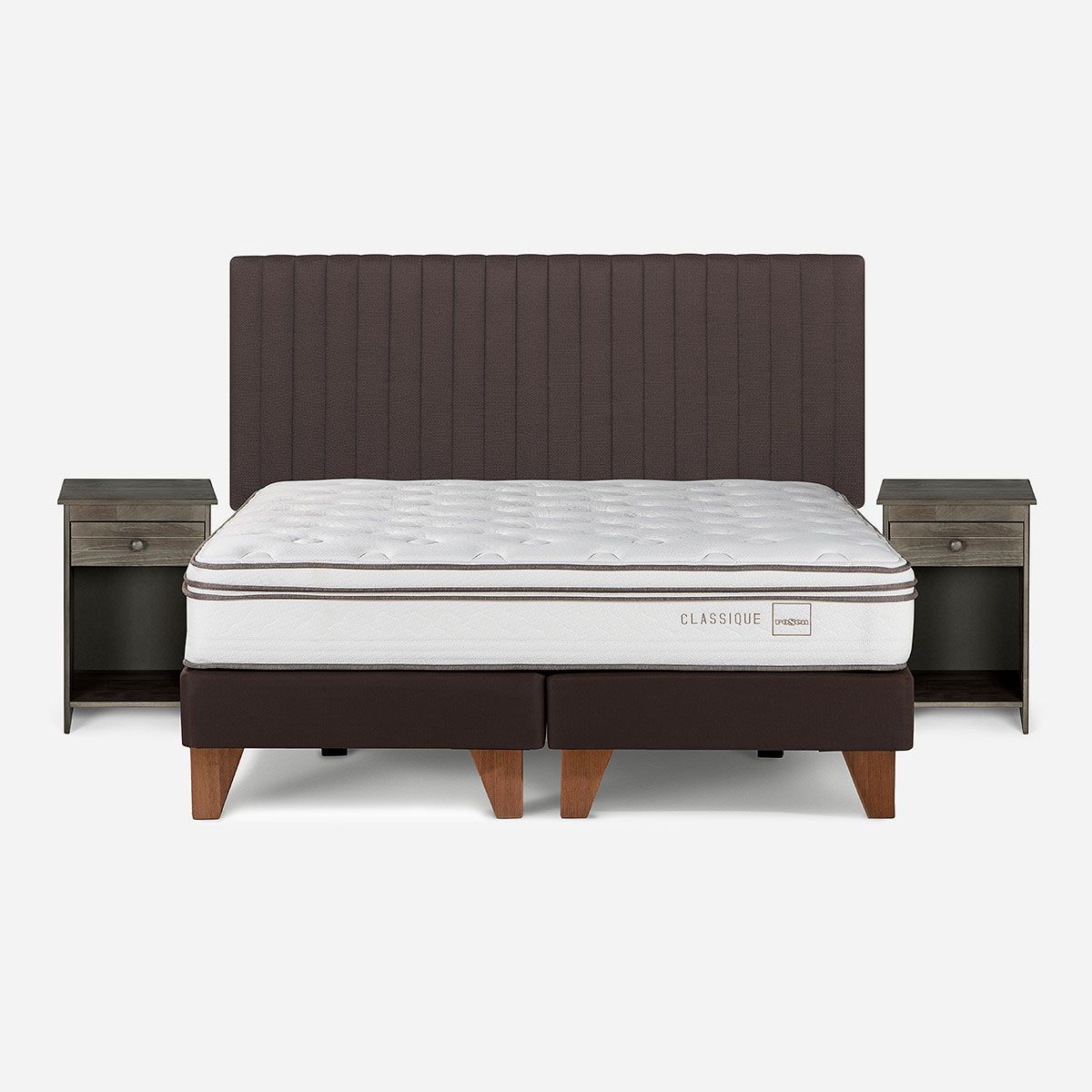 ROSEN - Cama Europea Classique+ 2 Plazas + Respaldo Lucio +Veladores
