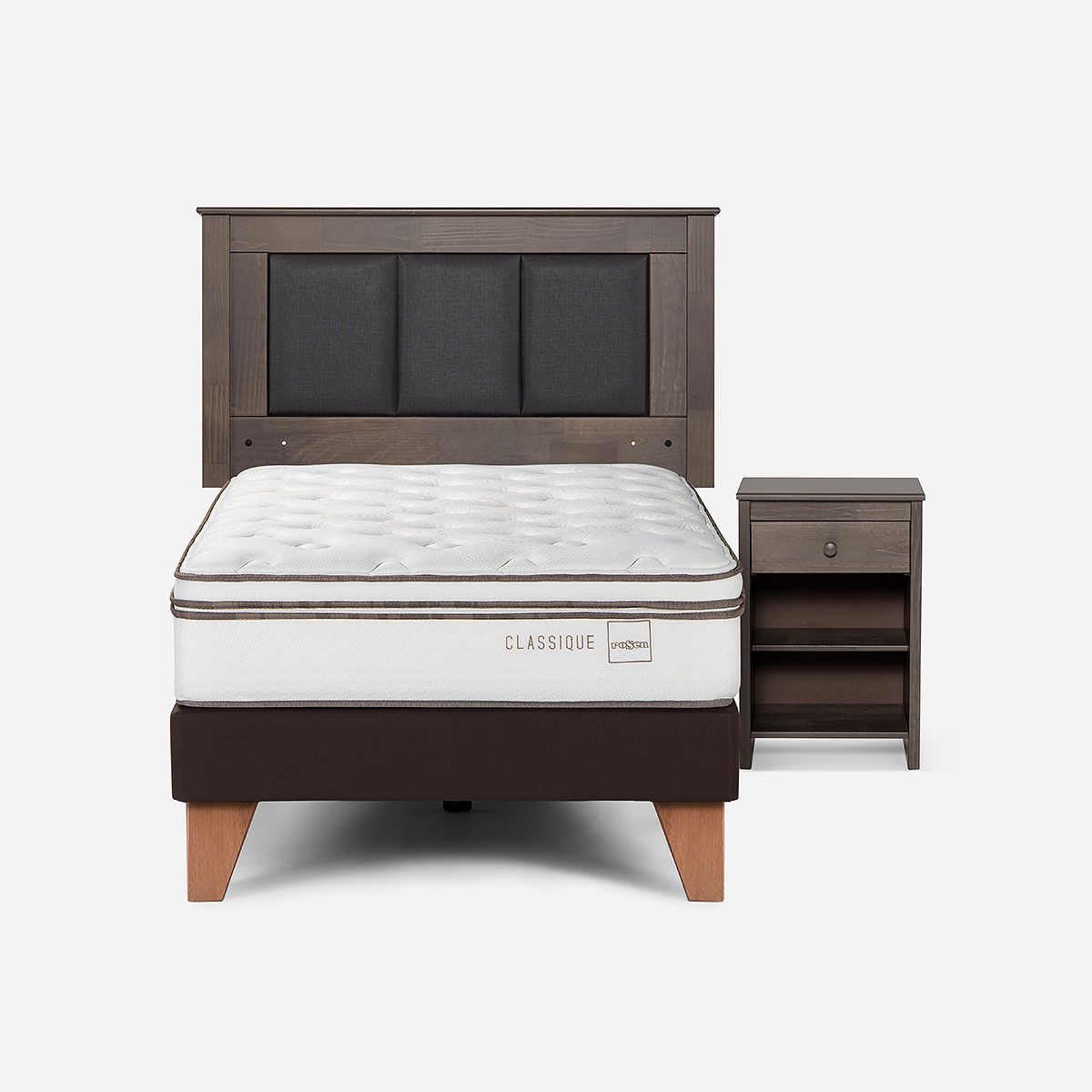 ROSEN - Cama Europea Classique+ 1,5 Plazas + Respaldo + Velador Gris