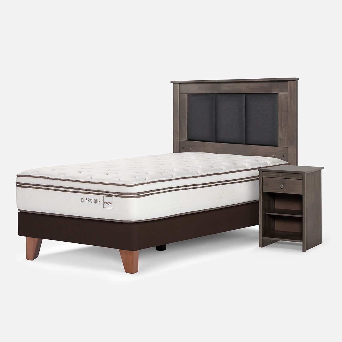 ROSEN - Cama Europea Classique+ 1,5 Plazas + Respaldo + Velador Gris