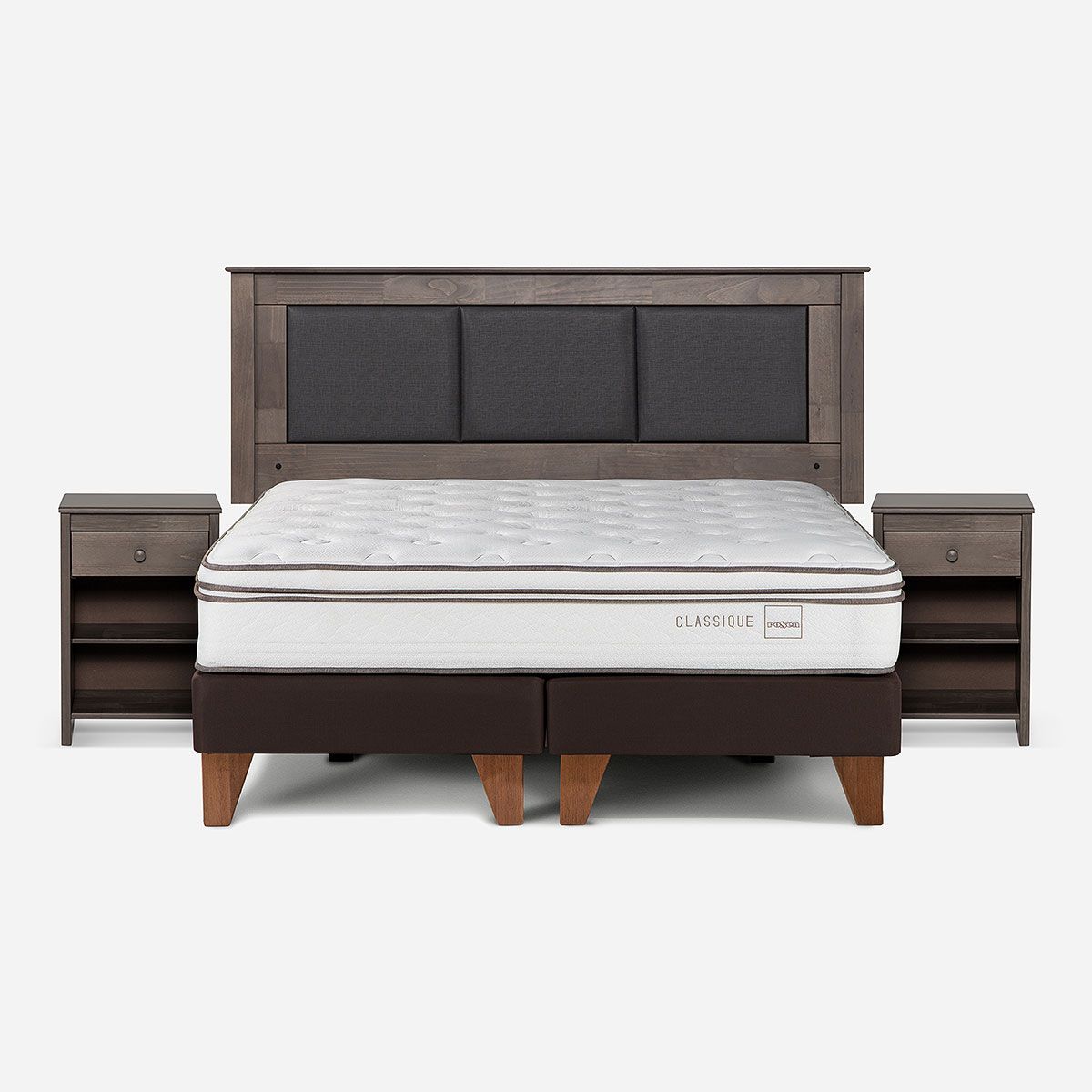 ROSEN - Cama Europea Classique+ 2 Plazas + Respaldo + Velador Gris