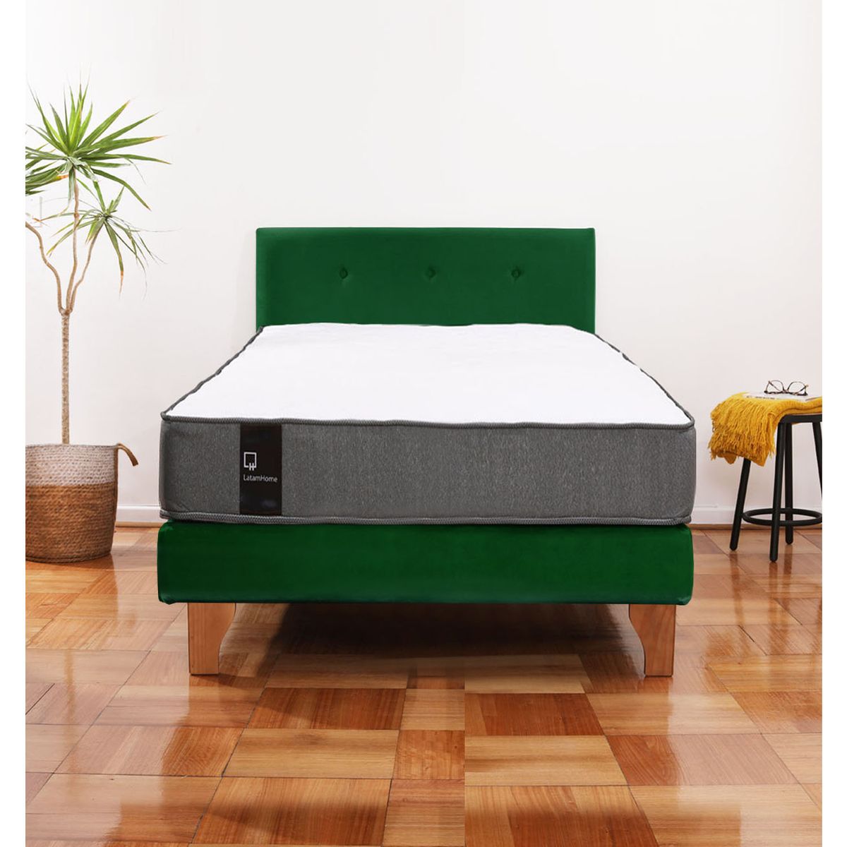 LATAM HOME - Cama Europea Zen Best 1.5 Plaza Colchon Resortes Base Dividida + Respaldo Tela Verde