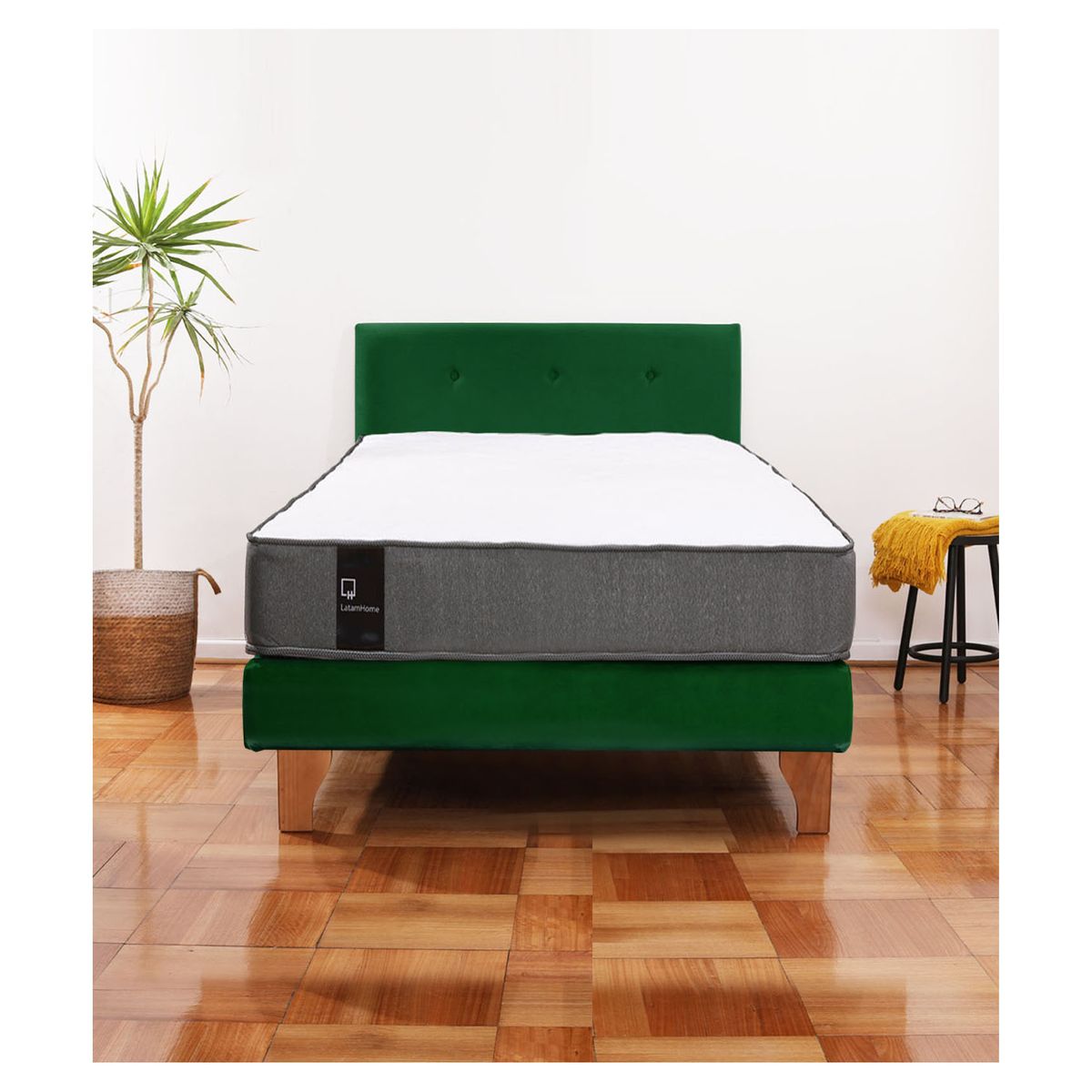 LATAM HOME - Cama Europea Zen Best 1.5 Plaza Colchon Resortes Base Dividida + Respaldo Tela Verde