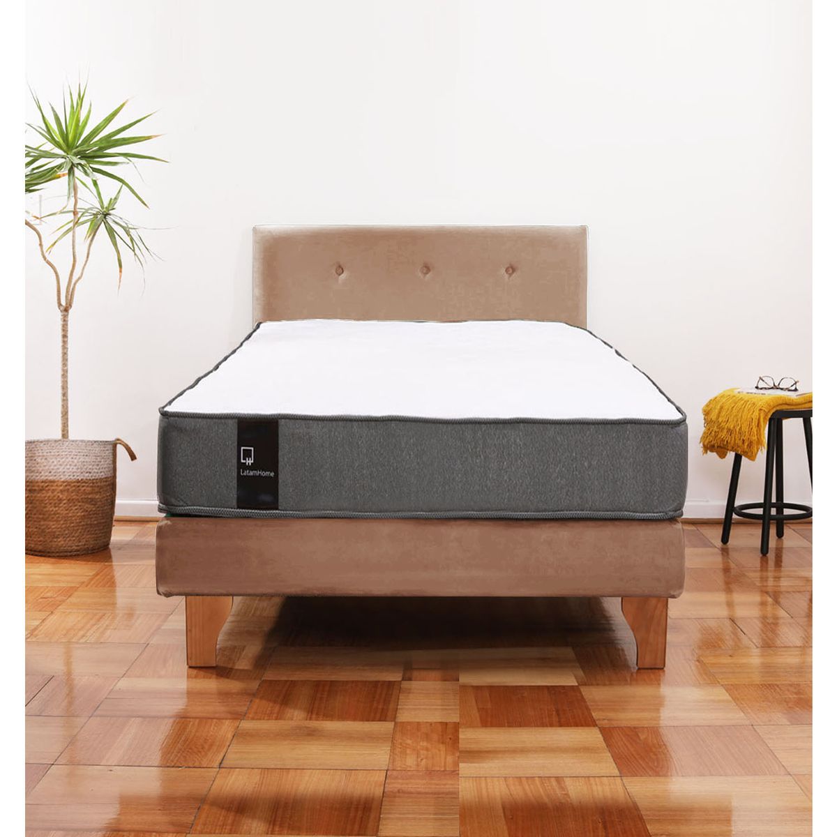 LATAM HOME - Cama Europea Zen Best 1.5 Plaza Colchon Resortes Base Dividida + Respaldo Tela Beige