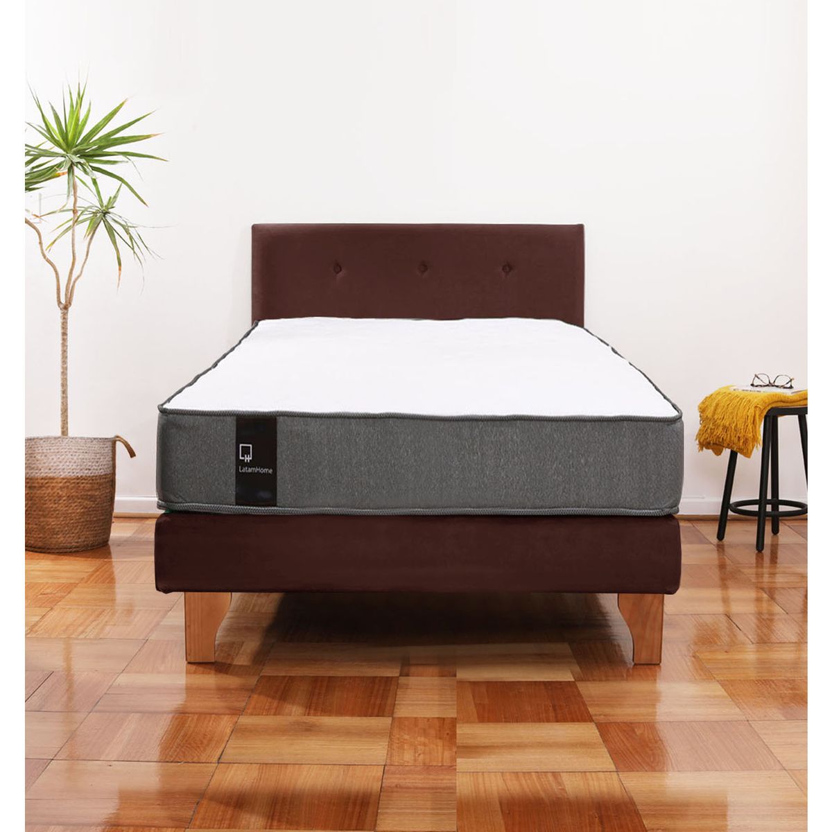 LATAM HOME - Cama Europea Zen Best 1.5 Plaza Colchon Resortes Base Dividida + Respaldo Tela Café