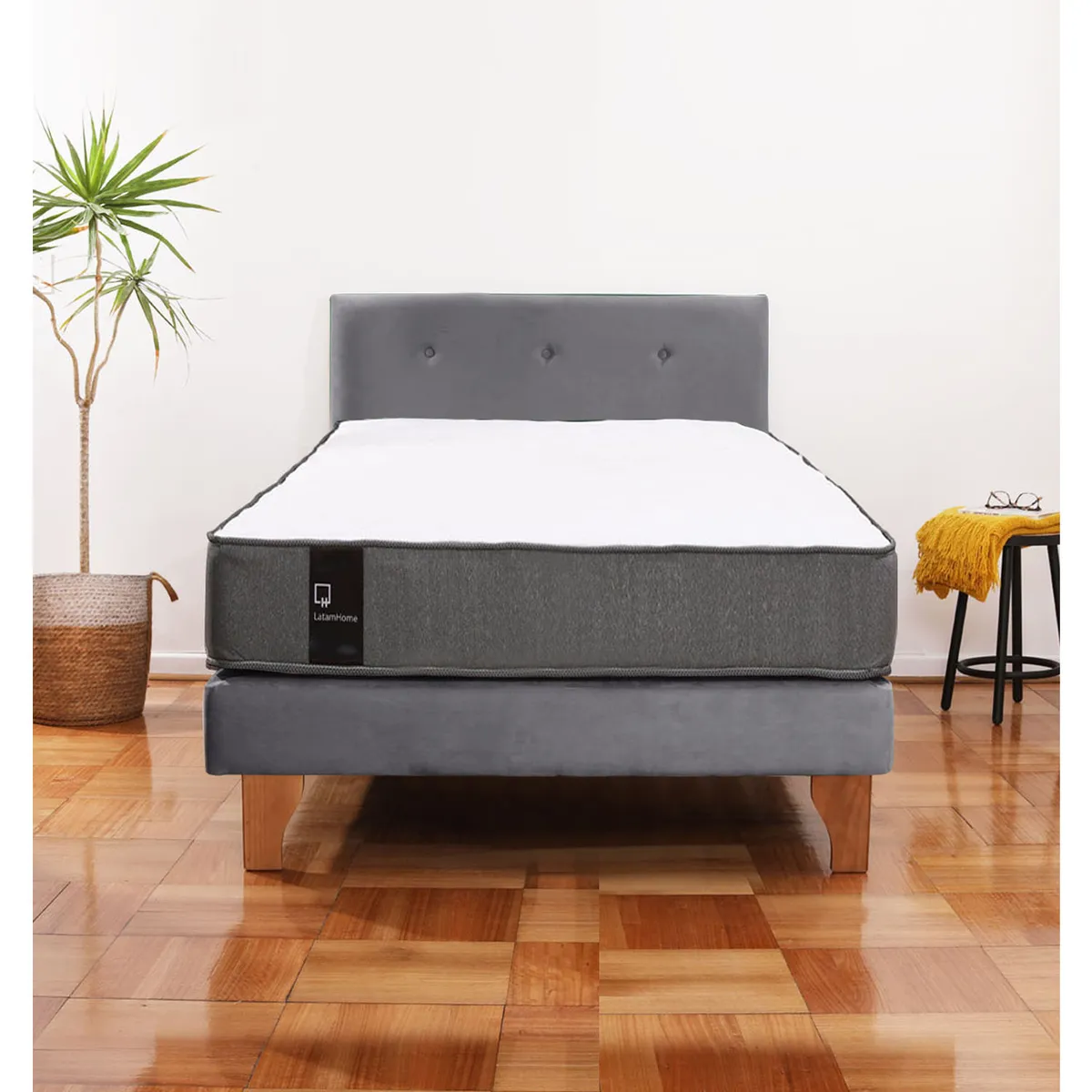LATAM HOME - Cama Europea Zen Best 1.5 Plaza Colchon Resortes Base Dividida + Respaldo Tela Gris