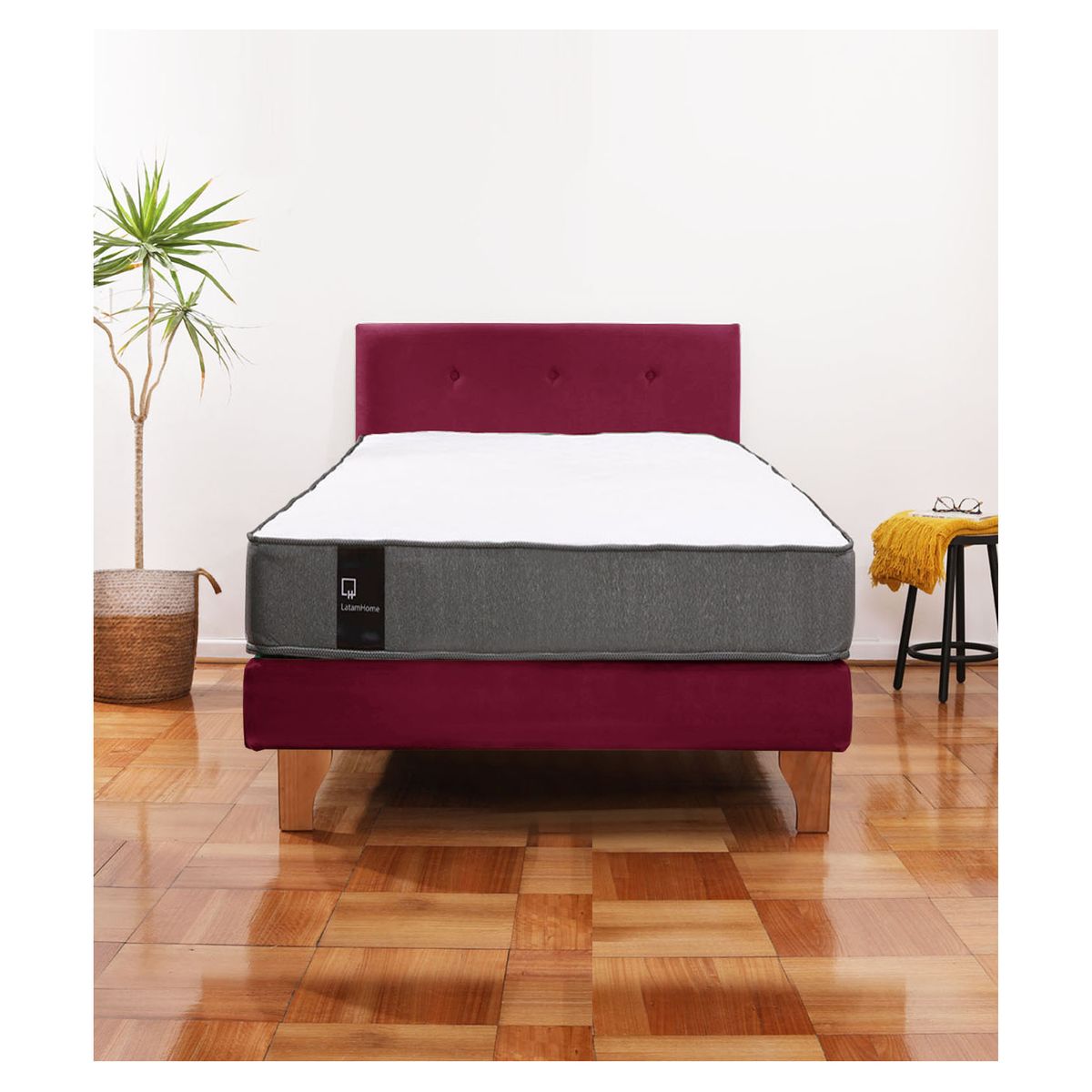 LATAM HOME - Cama Europea Zen Best 1.5 Plaza Colchon Resortes Base Dividida + Respaldo Tela Burdeo