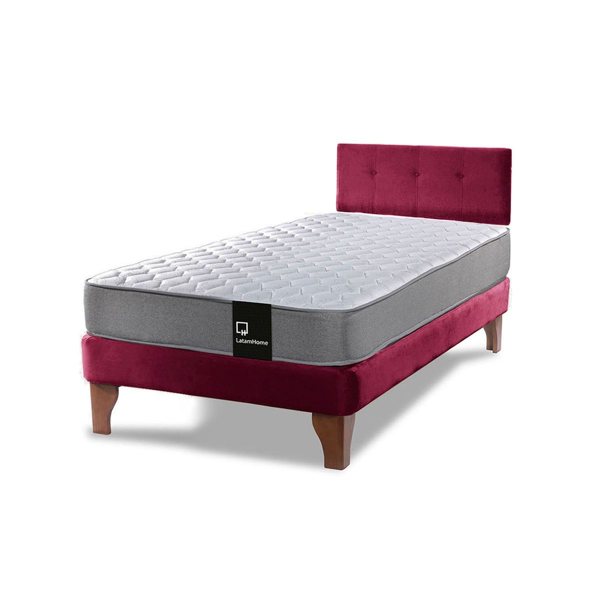 LATAM HOME - Cama Europea Zen Best 1.5 Plaza Colchon Resortes Base Dividida + Respaldo Tela Burdeo