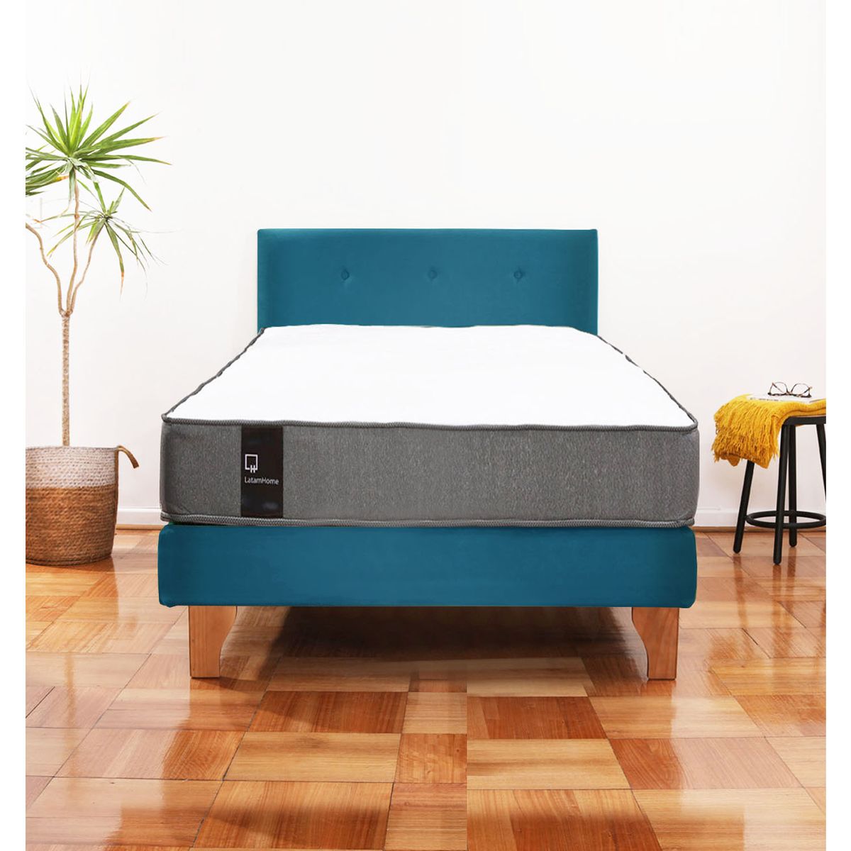 LATAM HOME - Cama Europea Zen Best 1.5 Plaza Colchon Resortes Base Dividida + Respaldo Tela Azul