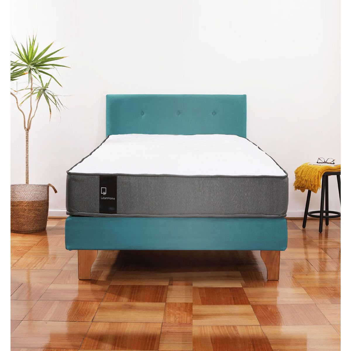 LATAM HOME - Cama Europea Zen Best 1.5 Plaza Colchon Resortes Base Dividida + Respaldo Tela Turquesa