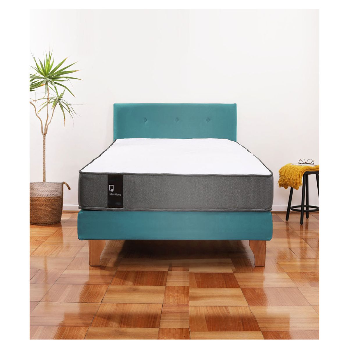 LATAM HOME - Cama Europea Zen Best 1.5 Plaza Colchon Resortes Base Dividida + Respaldo Tela Turquesa