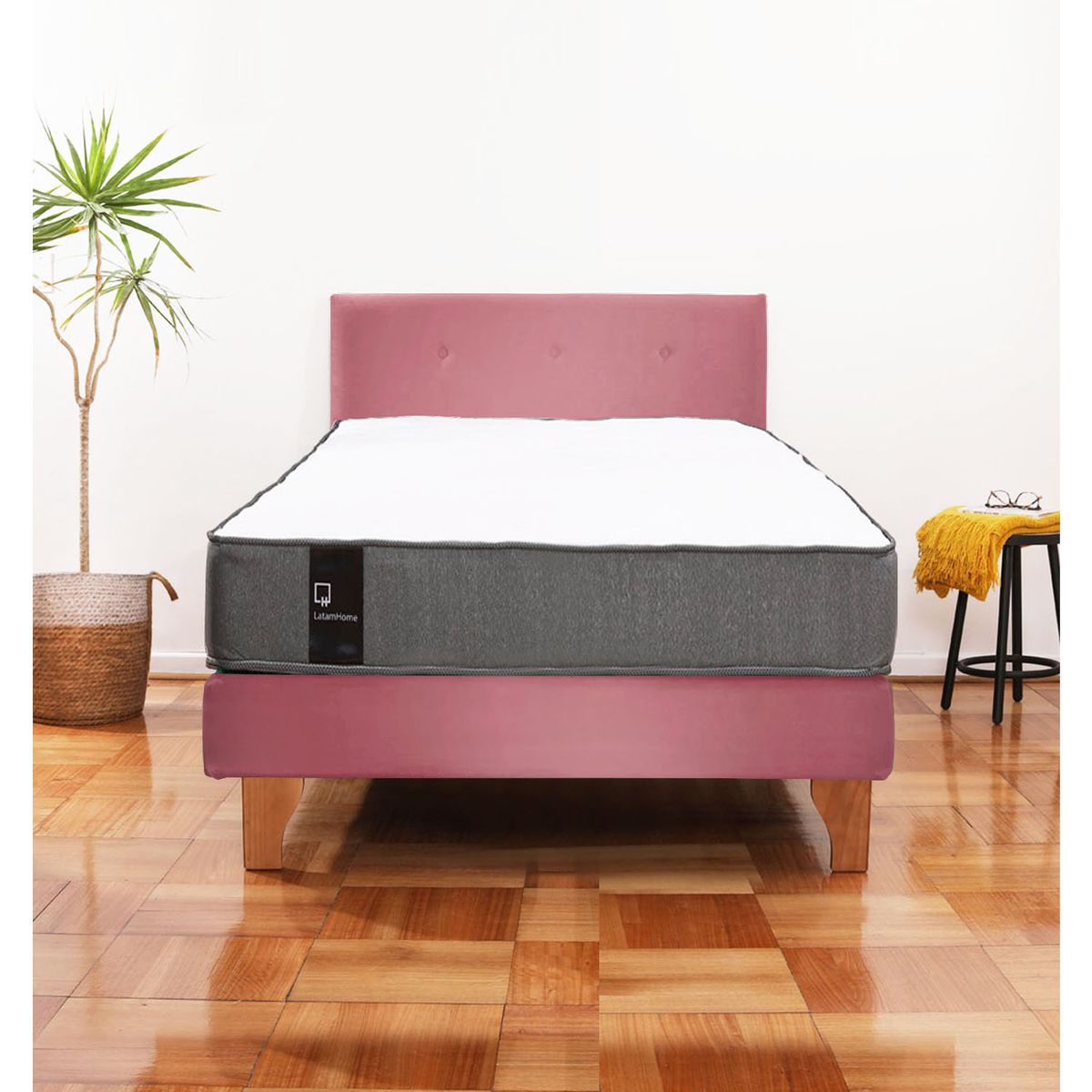 LATAM HOME - Cama Europea Zen Best 1.5 Plaza Colchon Resortes Base Dividida + Respaldo Tela Palo Rosa