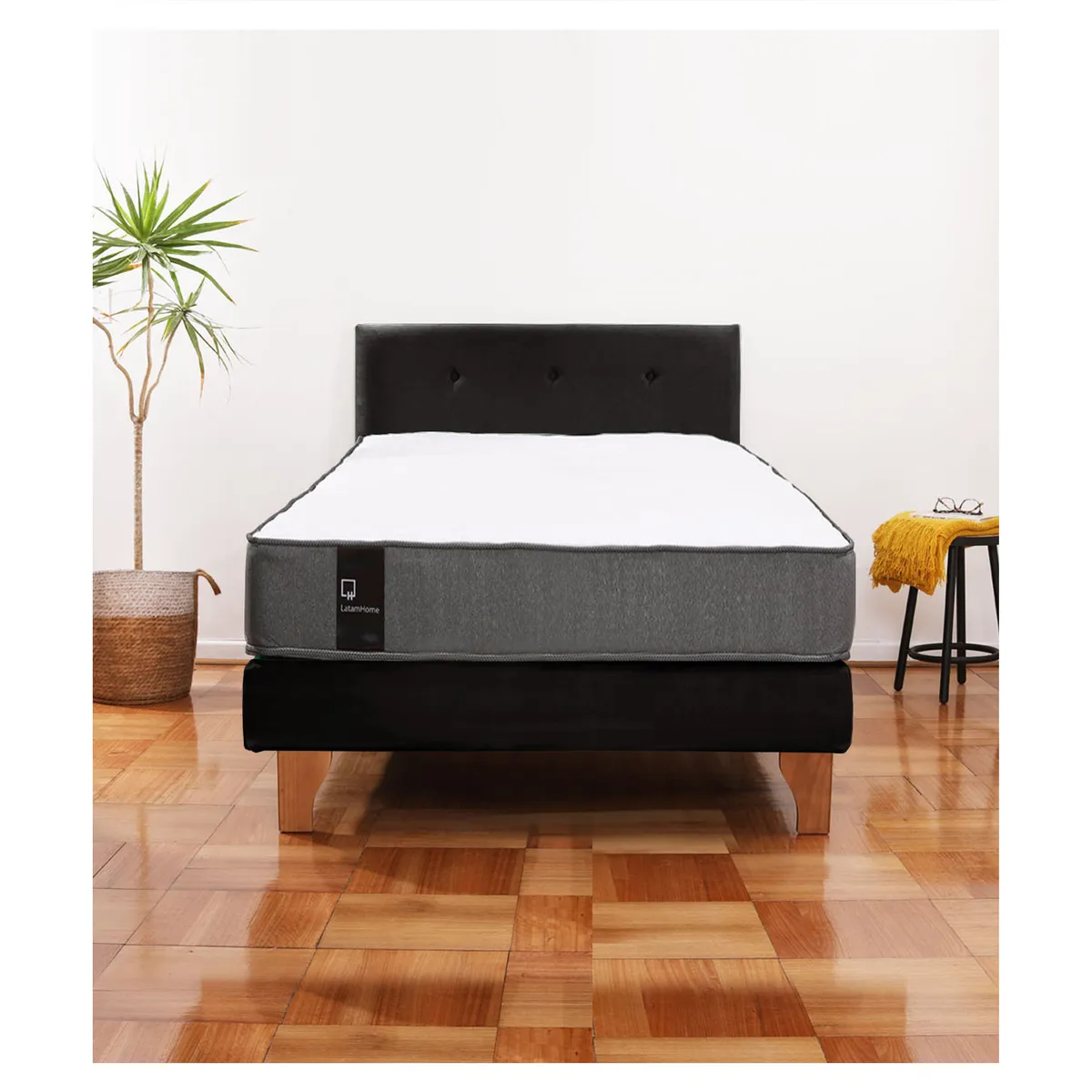 LATAM HOME - Cama Europea Zen Best 1.5 Plaza Colchon Resortes Base Dividida + Respaldo Tela Negro