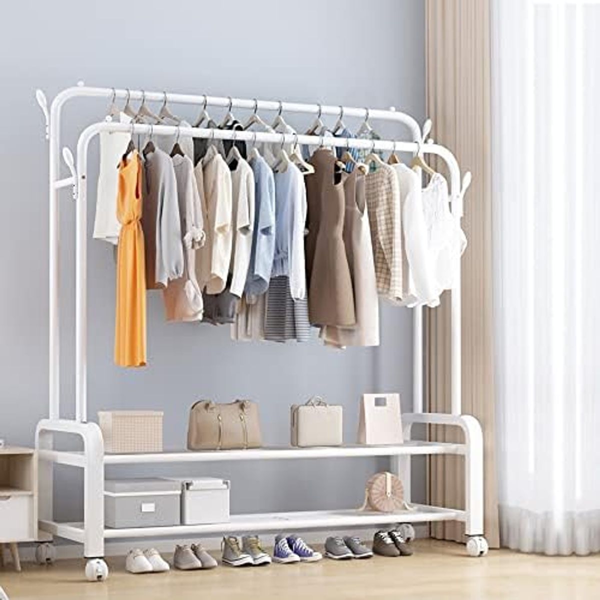 GENERICO - PERCHERO DOBLE BARRA ORGANIZADOR DE ROPA CON RUEDA BLANCO WYN