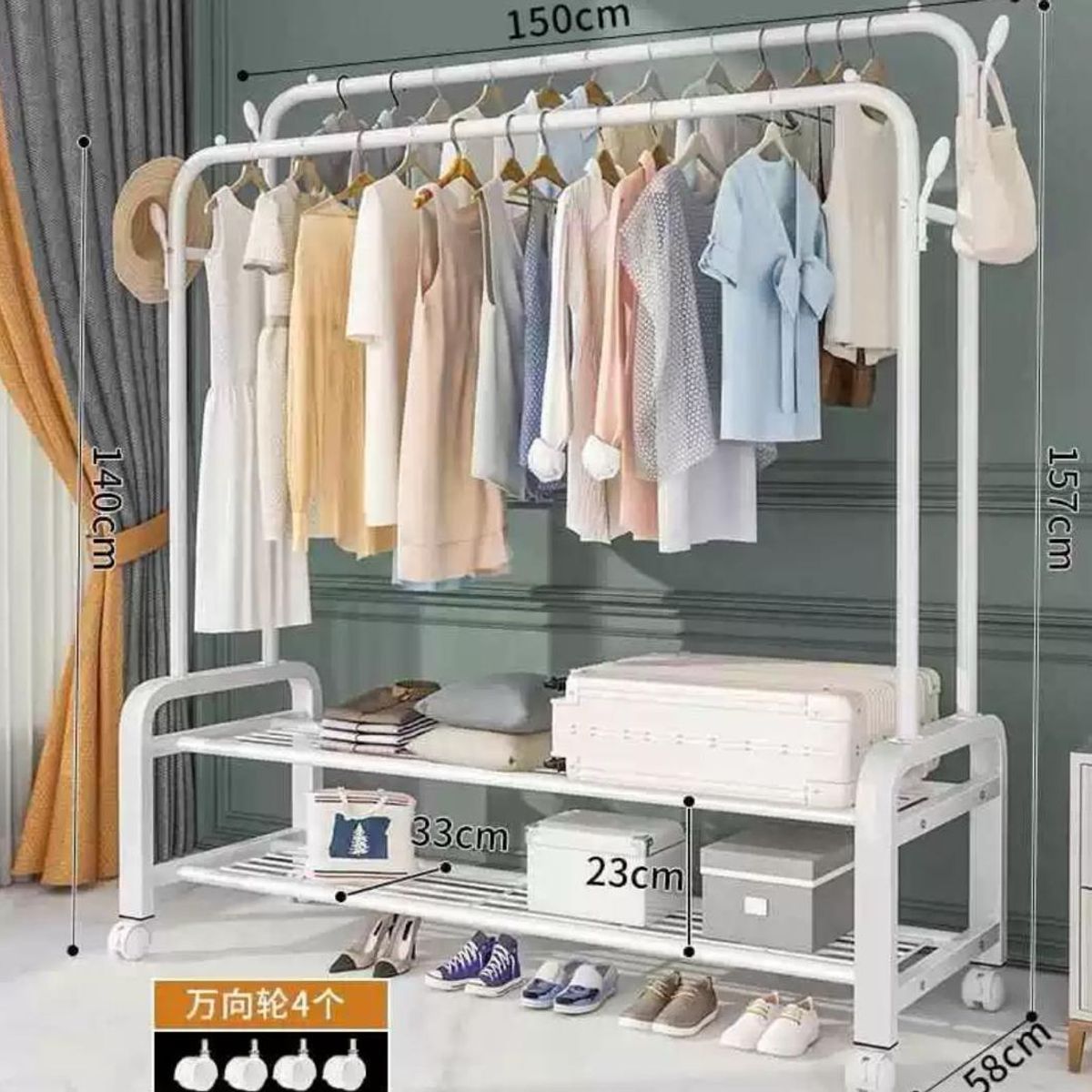 GENERICO - PERCHERO DOBLE BARRA ORGANIZADOR DE ROPA CON RUEDA BLANCO WYN