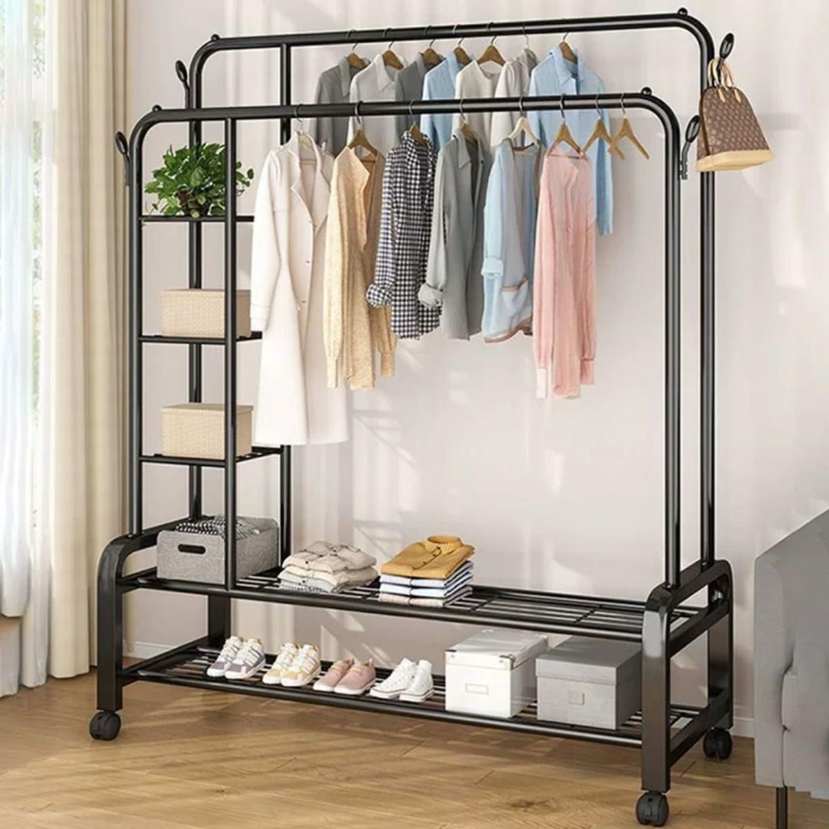 GENERICO - PERCHERO DE BARRA DOBLE NEGRO PARA ROPA CON ZAPATERA Y RUEDAS WYM