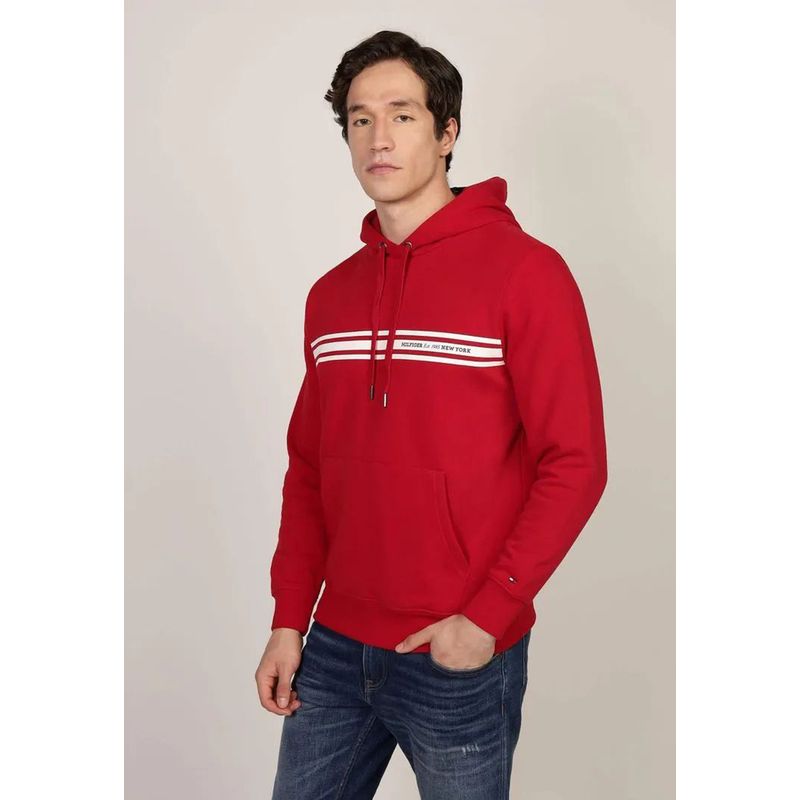 TOMMY HILFIGER - Polerón Hoodie Con Logo Central De Rayas Rojo Tommy Hilfiger