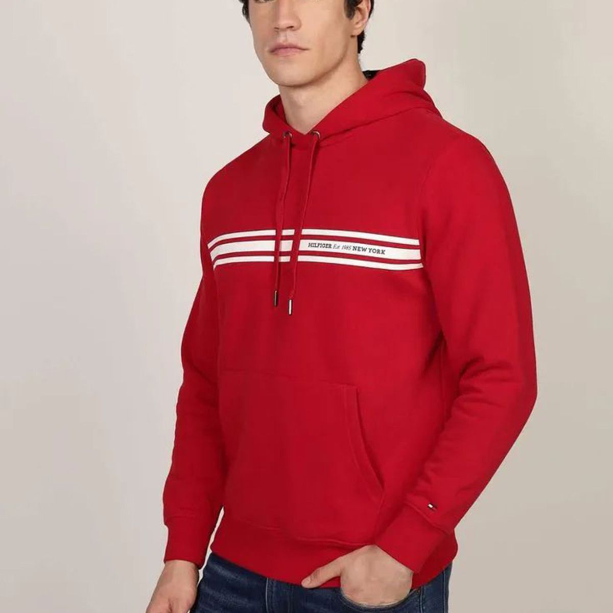 TOMMY HILFIGER - Polerón Hoodie Con Logo Central De Rayas Rojo Tommy Hilfiger