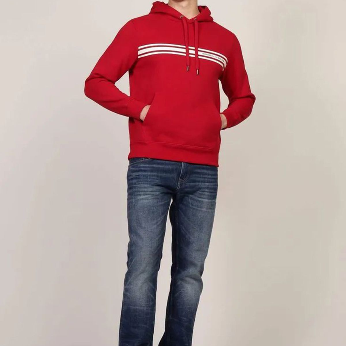 TOMMY HILFIGER - Polerón Hoodie Con Logo Central De Rayas Rojo Tommy Hilfiger