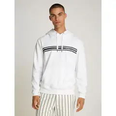 TOMMY HILFIGER - Polerón Hoodie Con Logo Central De Rayas Blanco