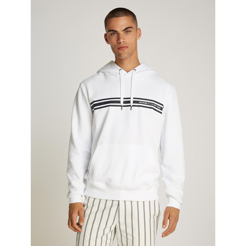 TOMMY HILFIGER - Polerón Hoodie Con Logo Central De Rayas Blanco Tommy Hilfiger