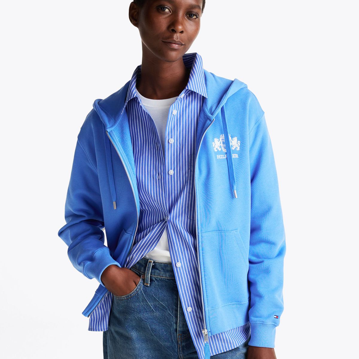 TOMMY HILFIGER - Polerón Hoodie Logo Varsity Con Cierre Celeste Tommy Hilfiger