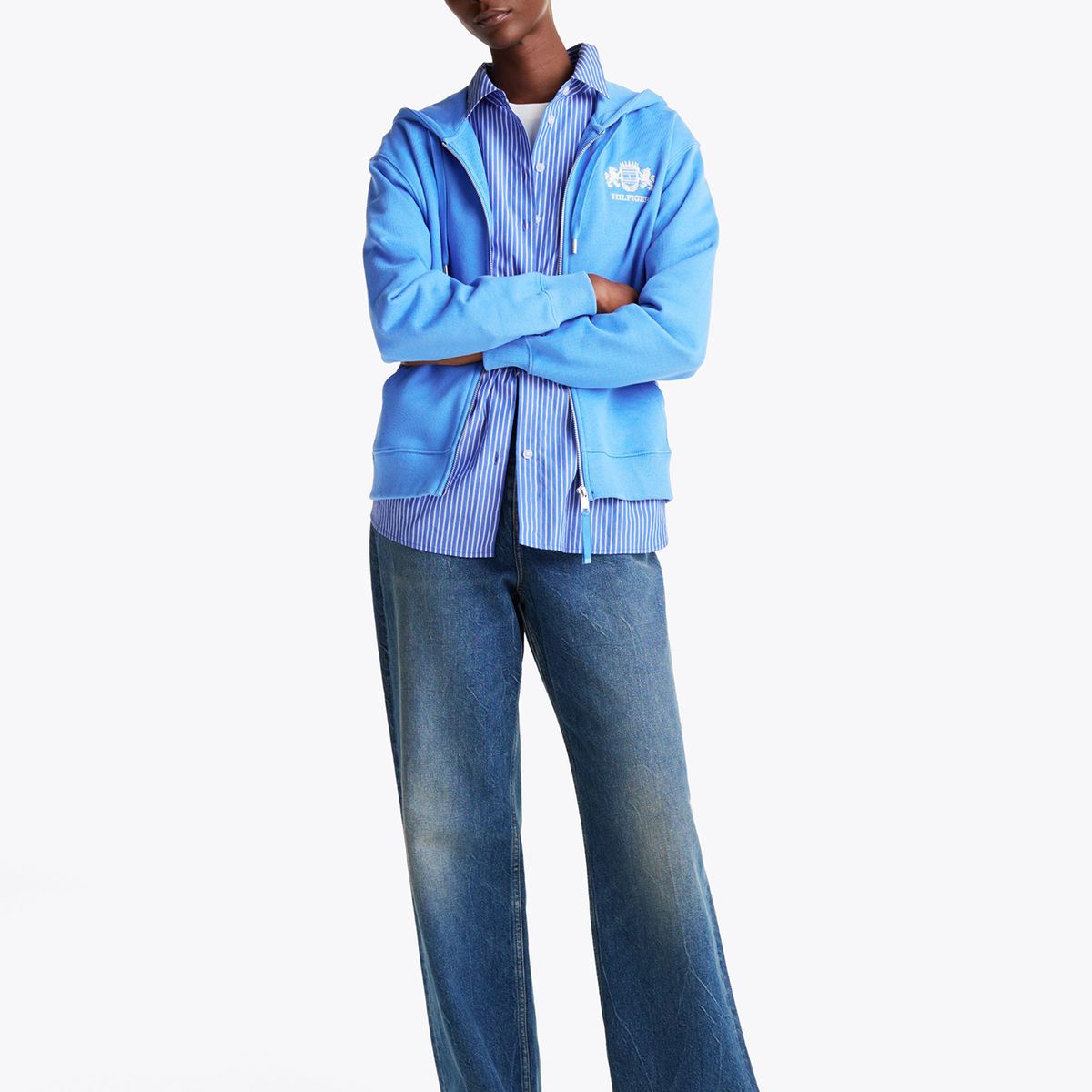 TOMMY HILFIGER - Polerón Hoodie Logo Varsity Con Cierre Celeste Tommy Hilfiger