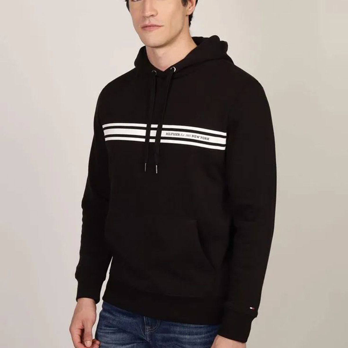TOMMY HILFIGER - Polerón Hoodie Con Logo Central De Rayas Negro Tommy Hilfiger