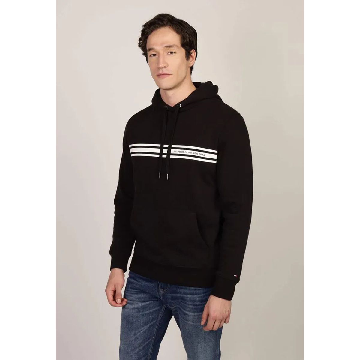 TOMMY HILFIGER - Polerón Hoodie Con Logo Central De Rayas Negro Tommy Hilfiger